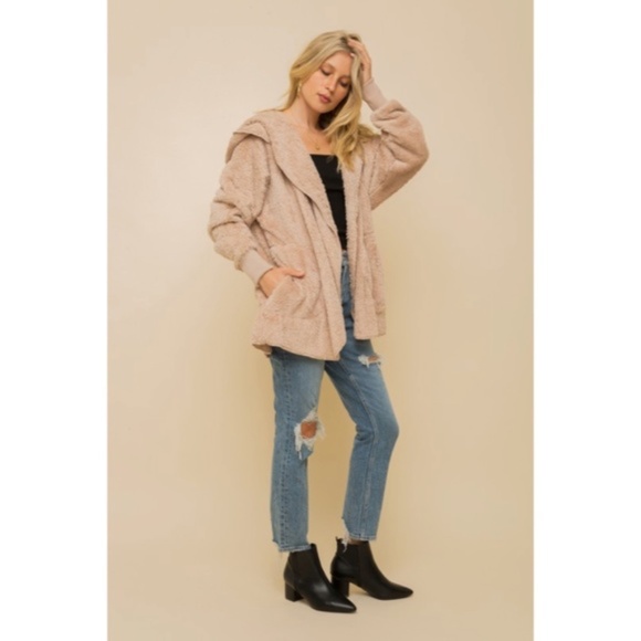SOLD OUT Taupe Soft Faux Fur Fleece Plush One Size Hooded Cardigan Jacket - Picture 2 of 2